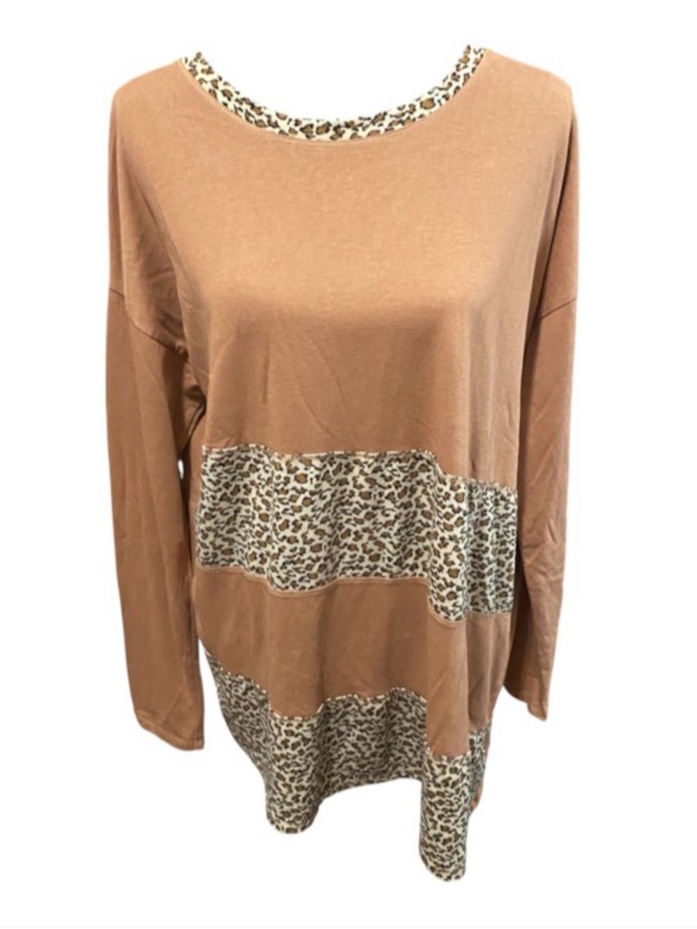 Easel Leopard-Trim Tunic Top
